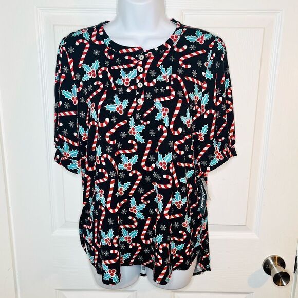 Modcloth Winning Them Over Short Sleeve Holiday Top Black Candy Cane M NWT - Picture 4 of 9